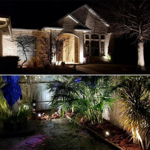 12W Outdoor Spot Lights With Transformer Hella Bright Warm White LED Landscape Lighting Kit illuminating house and garden
