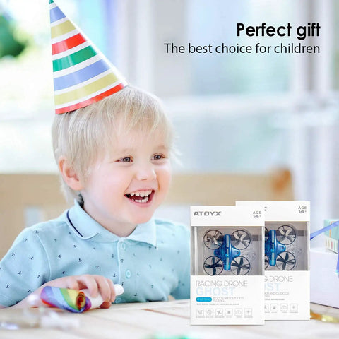 Kid Friendly Mini Drone For Beginners With Auto Hover Indoor RC Nano Quadrotor shown as a birthday gift for a happy child