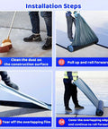 Heavy Duty Asphalt Roof Shingle Repair Tape With Thick Aluminum Foil Backing installation steps showing cleaning, rolling, and applying tape.
