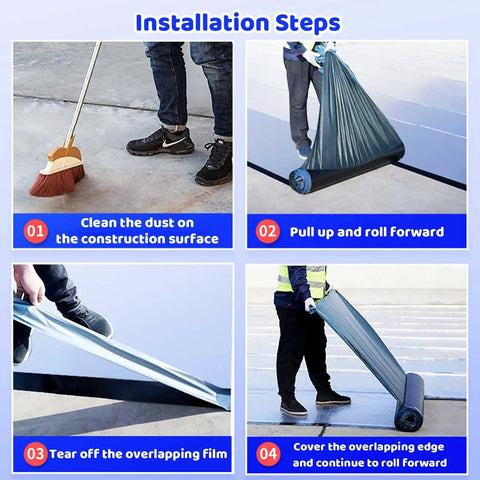 Installation steps for Rock Solid Asphalt Roof Shingles Repair Tape 2 Mm Thick Aluminum Foil Flashing Tape, showing surface cleaning and rolling.