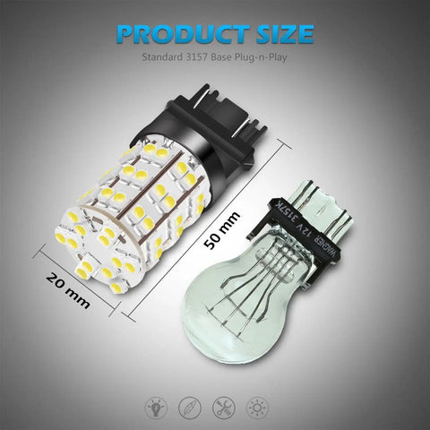 Diagram showing size comparison of 3157 3156 4114 DRL LED Bulbs Pack Of 2 with standard bulb, dimensions 20mm x 50mm.