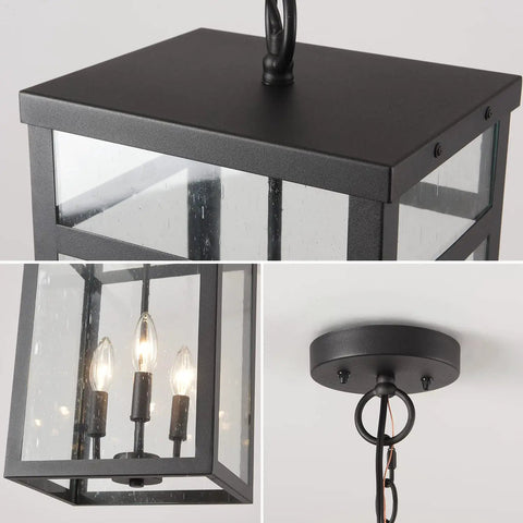 Three Light Outdoor Indoor Pendant Light Black Exterior With Seeded Glass Shade Dope Modern Chandelier for porch and foyer.