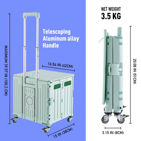 Folding Utility Cart With Lid Portable Rolling Handcart Collapsible Shopping Trolley On Four Swivel Wheels With Brakes, green