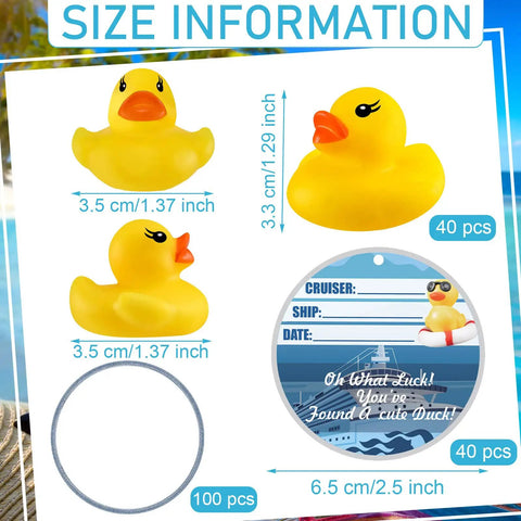 180 Pack Cruise Duck Party Decor Kit with rubber ducks, duck cards, and elastic cords shown with size information