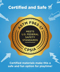 Safety certification badge for Wooden Kids Picnic Table With Umbrella For Backyard Play And Outdoor Fun Activity Table Set.