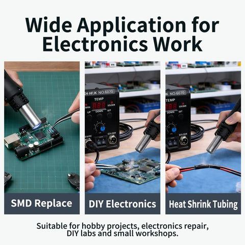 Dope Pro Grade 700W Hot Air Rework Station With Digital Temperature Control shown in SMD replacement and electronics work