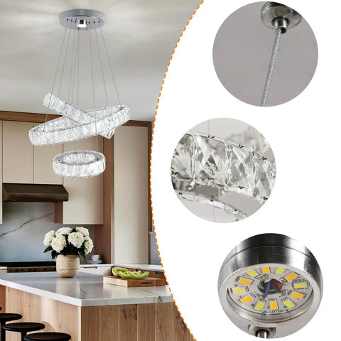 Three Ring LED Crystal Pendant Light Fixture For Dining Room DIY Adjustable Stainless Steel Chandelier With K9 Crystals Modern Glam Ceiling Lamp Elegant Ceiling Pendant Lighting In Cold White with kitchen view
