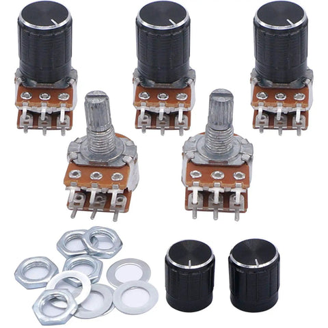 Five Piece 100K Ohm Rotary Potentiometer Kit With 6 Pin Layout For Audio Volume Tone Control Linear Type B Dual Taper Split Shaft Knurled 6mm Shaft Includes Five Knobs And Mounting Details For DIY Amp, showing components and knobs.