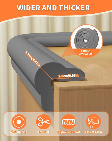 Gotta Keep The Kiddos Safe With These Rock Solid Baby Proof Edge Protectors Featuring Super Thick Air Cushion Rubber Foam Padding soft gray edge guard on wooden furniture.