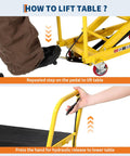 GarveeTech yellow hydraulic lift table cart with wheels; 1100 lb capacity, 10–32 in lift, foot pedal release.