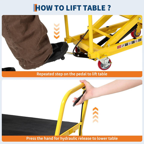 GarveeTech yellow hydraulic lift table cart with wheels; 1100 lb capacity, 10–32 in lift, foot pedal release.