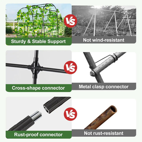 Comparison of 7 Ft Tall Garden Arch Tunnel Trellis versus alternative structures, showcasing sturdy and rust-proof connectors.