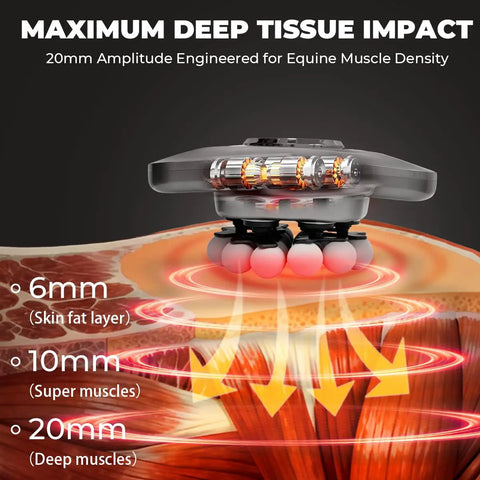 Equine Recovery Pro 18 Head Massage Gun showing 20mm amplitude for deep tissue through skin layers with red light therapy.