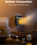 Plug In Space Heater With Remote And 180 Degree Rotating Plug, LED display glows in dim bedroom, heater on wall outlet