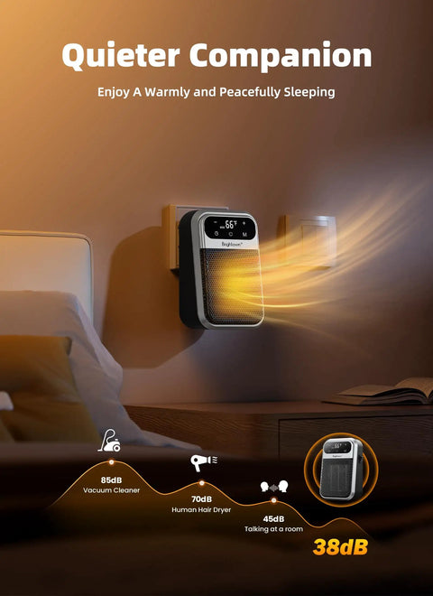 Plug In Space Heater With Remote And 180 Degree Rotating Plug, LED display glows in dim bedroom, heater on wall outlet