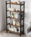 5 Tier Rustic Solid Wood Bookshelf With Industrial Metal Frame, Vintage Brown Home Office Bookcase with decor in living room