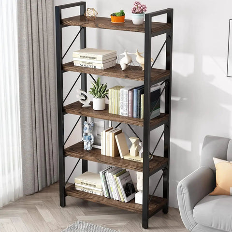 5 Tier Rustic Solid Wood Bookshelf With Industrial Metal Frame, Vintage Brown Home Office Bookcase with decor in living room