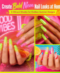 Six Color Neon Gel Nail Polish Set 15ml HEMA Free Soak Off UV LED Kit with bright summer designs on nails.