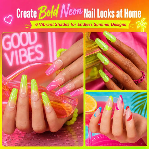 Six Color Neon Gel Nail Polish Set 15ml HEMA Free Soak Off UV LED Kit with bright summer designs on nails.
