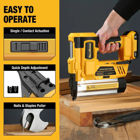 Cordless Brad Nailer And Stapler Combo, Heavy Duty Workhorse 2In1 18Ga Nail Gun showing quick depth adjustment with wood.