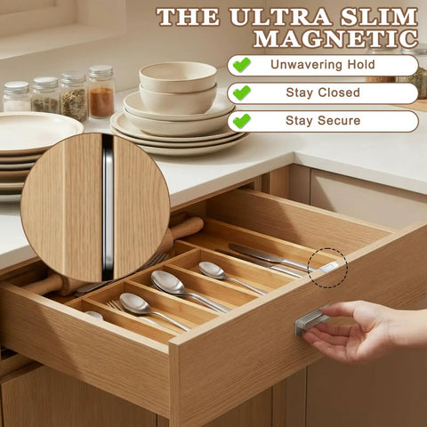 Drawer with Six Pack Ultra Thin Cabinet Magnetic Catch Set In Stainless Steel For Hidden Door Closures installed