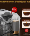 Close-up of Fully Automatic Espresso Maker With Built In Grinder And Automatic Milk Frother, highlighting 20 Bar pump system and 15-level grinder.