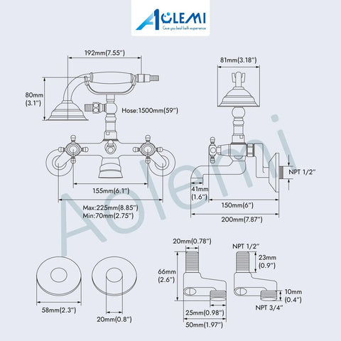 Technical diagram of Oil Rubbed Bronze Clawfoot Tub Filler with Wall Mount, Vintage Style Tub Faucet, specs shown.