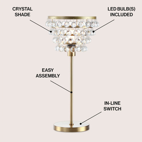 Brass Gold 25 Inch Table Lamp With Clear Crystal Beads, Modern Industrial Chandelier Style Nightstand Lamp with LED Bulb