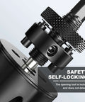 Close-up of black 9.8-inch bi-metal hole saws with heavy-duty arbor mounted on a drill.