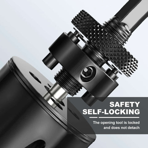 Close-up of black 9.8-inch bi-metal hole saws with heavy-duty arbor mounted on a drill.