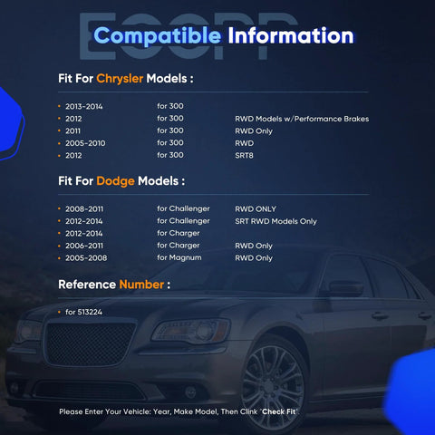 Compatibility chart showing model years for Chrysler 300 and Dodge vehicles with visible Chrysler car image.