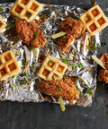 Chicken and waffles on pre cut pop up aluminum foil sheets 14 by 10.25 inches, pack of 50 for quick no mess wrapping and easy lift