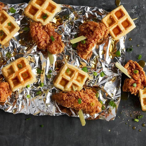 Chicken and waffles on pre cut pop up aluminum foil sheets 14 by 10.25 inches, pack of 50 for quick no mess wrapping and easy lift