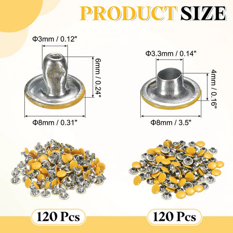 Hella Durable Double Cap Leather Rivets, 120 Sets Of Slick Yellow Metal Studs, 8mm tubular fasteners for clothing and DIY gear.