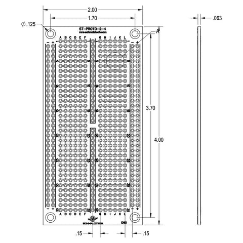 Technical drawing of Double Sided ENIG Protoboard Solderable Breadboard For DIY Prototyping 2 By 4 Inch FR4 Board, with dimensions.