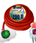 Heavy Duty 200 Ft Extension Cord 12 Gauge Indoor Outdoor with lighted end and three outlets, coiled view