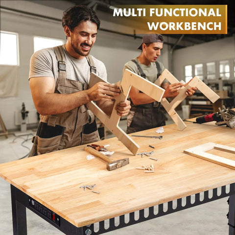 Heavy Duty 48 Inch Height Adjustable Workbench With Wheels And Socket 2000 Lbs Load Capacity Rubber Wood Top in use