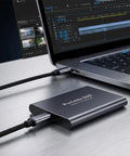 Beefy 4TB Portable SSD USB-C External Solid State Drive Metal Build connected to a laptop for high speed storage and data transfer