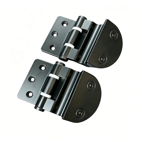 Heavy Duty Zinc Alloy Stainless Glass Door Hinge Set Built To Last For Eight To Ten Millimeter Glass Fits Wine Cabinets And Sauna Rooms Easy Installation Two Pack Black 274G, showing black finish and screw holes