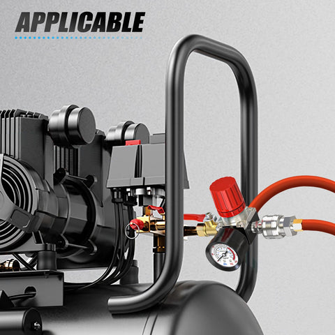 One Quarter Inch Air Regulator With Gauge, 0-180 PSI Inline Regulator For Air Tools And Pneumatic Systems attached to a compressor