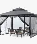 Sturdy 10x12 patio gazebo with outdoor steel frame and mosquito netting for lawn, backyard, garden or deck, dark gray weather resistant shelter.