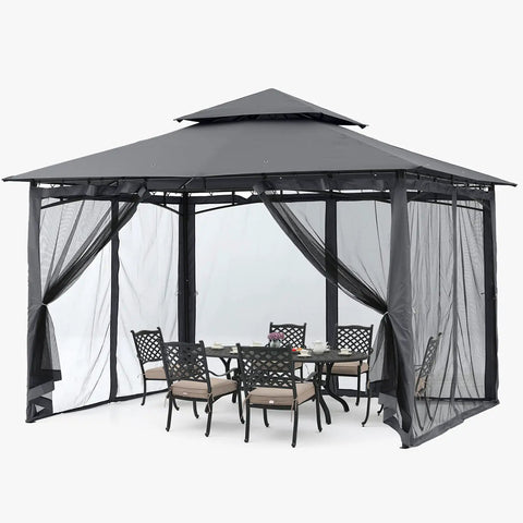 Sturdy 10x12 patio gazebo with outdoor steel frame and mosquito netting for lawn, backyard, garden or deck, dark gray weather resistant shelter.