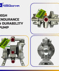 Heavy Duty 3/8 Double Air Diaphragm Pump Rock Solid Aluminum Body Teflon Valves Handles Chemical Waste Oil Paint Jobs Works Like A Champ Smooth Operator Design, front and side views, showcasing durable aluminum construction.
