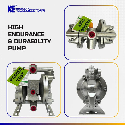 Heavy Duty 3/8 Double Air Diaphragm Pump Rock Solid Aluminum Body Teflon Valves Handles Chemical Waste Oil Paint Jobs Works Like A Champ Smooth Operator Design, front and side views, showcasing durable aluminum construction.