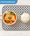 Heat Resistant Silicone Sink Mats for Kitchen, Two Pack 13.8 by 11.4 Inches used as heat insulation pad with pot and rice bowl.