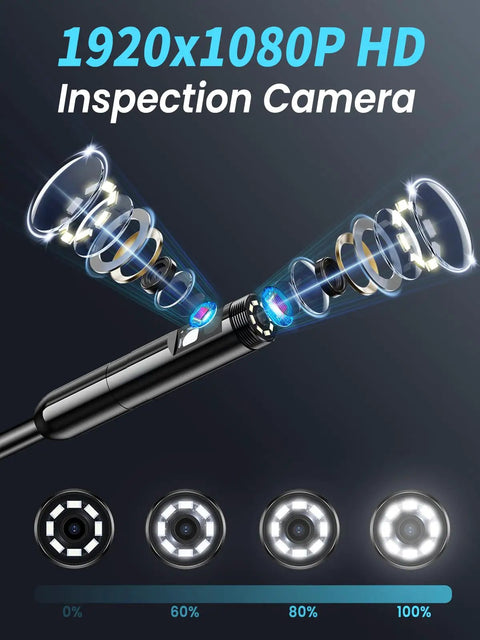 Endoscope Camera With Light Pro Grade Dual Lens 1080P HD showing lens components and LED light settings
