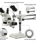 Simul Focal Trinocular Stereo Zoom Microscope Pro With WH10x Eyepieces 0.7x To 4.5x Objective, 144 LED ring light, boom stand