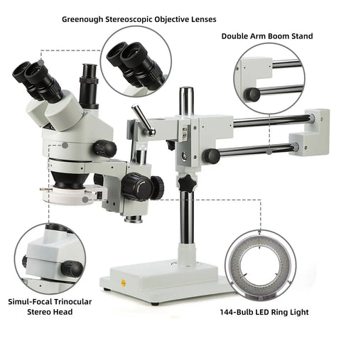 Simul Focal Trinocular Stereo Zoom Microscope Pro With WH10x Eyepieces 0.7x To 4.5x Objective, 144 LED ring light, boom stand