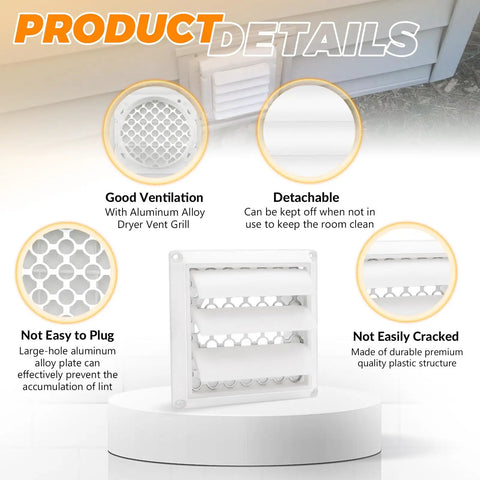Product details showing 4 Inch Louvered Dryer Vent Cover With Aluminum Pest Guard Screen Outdoor Exhaust Cap For 4 Inch Duct Openings