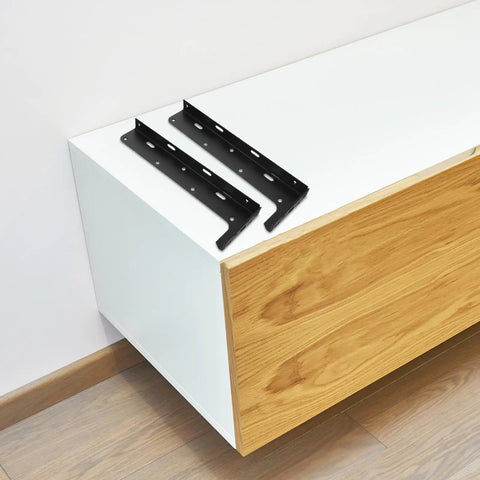 Heavy Duty Floating Shelf Brackets 2 Piece Set Black Steel Hidden Design on white cabinet